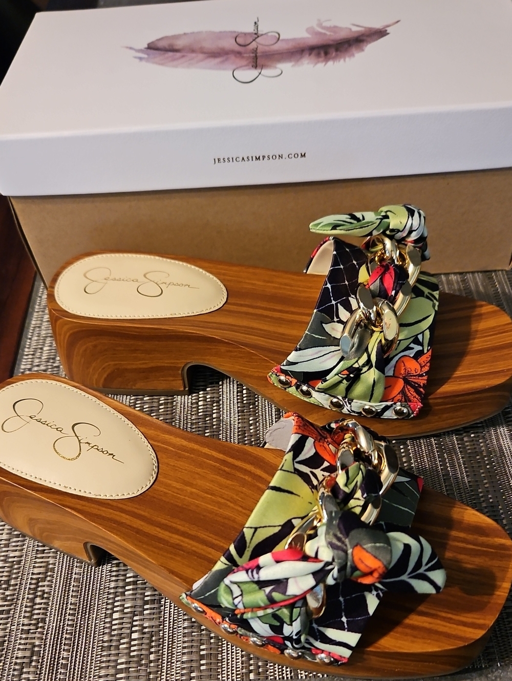 Jessica Simpson Floral Patterned Multi-Color Chain-Accent Platform Mules NEW